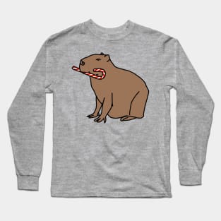 Cute Christmas Capybara with Candy Cane Long Sleeve T-Shirt